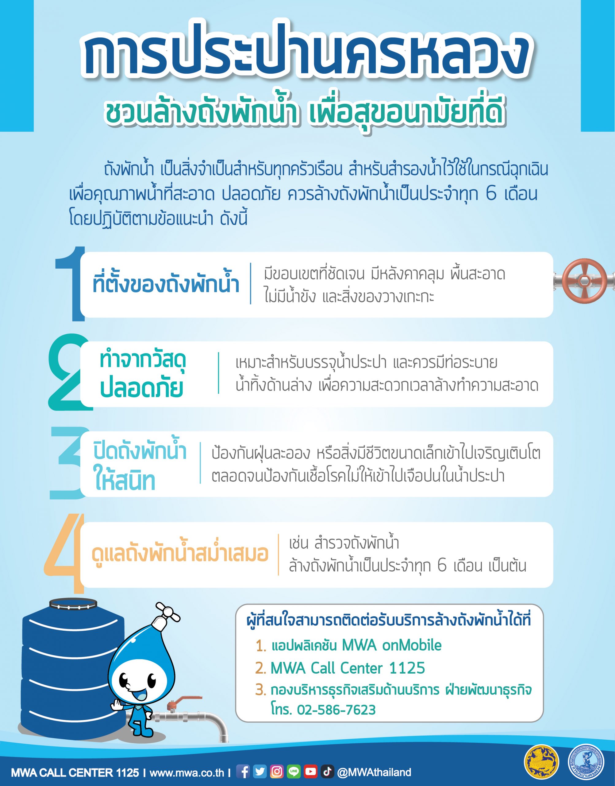 กปน. เชิญชวนประชาชนล้างถังพักน้ำ พร้อมแนะวิธีตรวจสอบระบบประปาในบ้าน เพื่อสุขอนามัยที่ดี