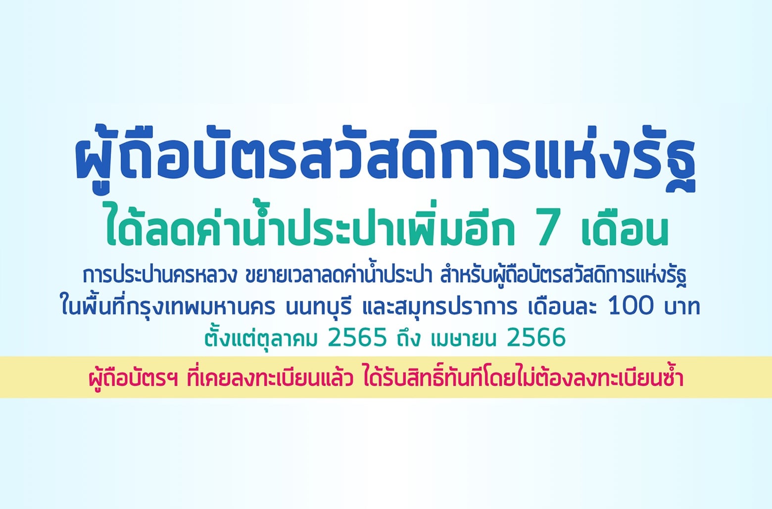 กปน. ขยายเวลาลดค่าน้ำประปา สำหรับผู้ถือบัตรสวัสดิการแห่งรัฐ ตุลาคม 2565 – เมษายน 2566