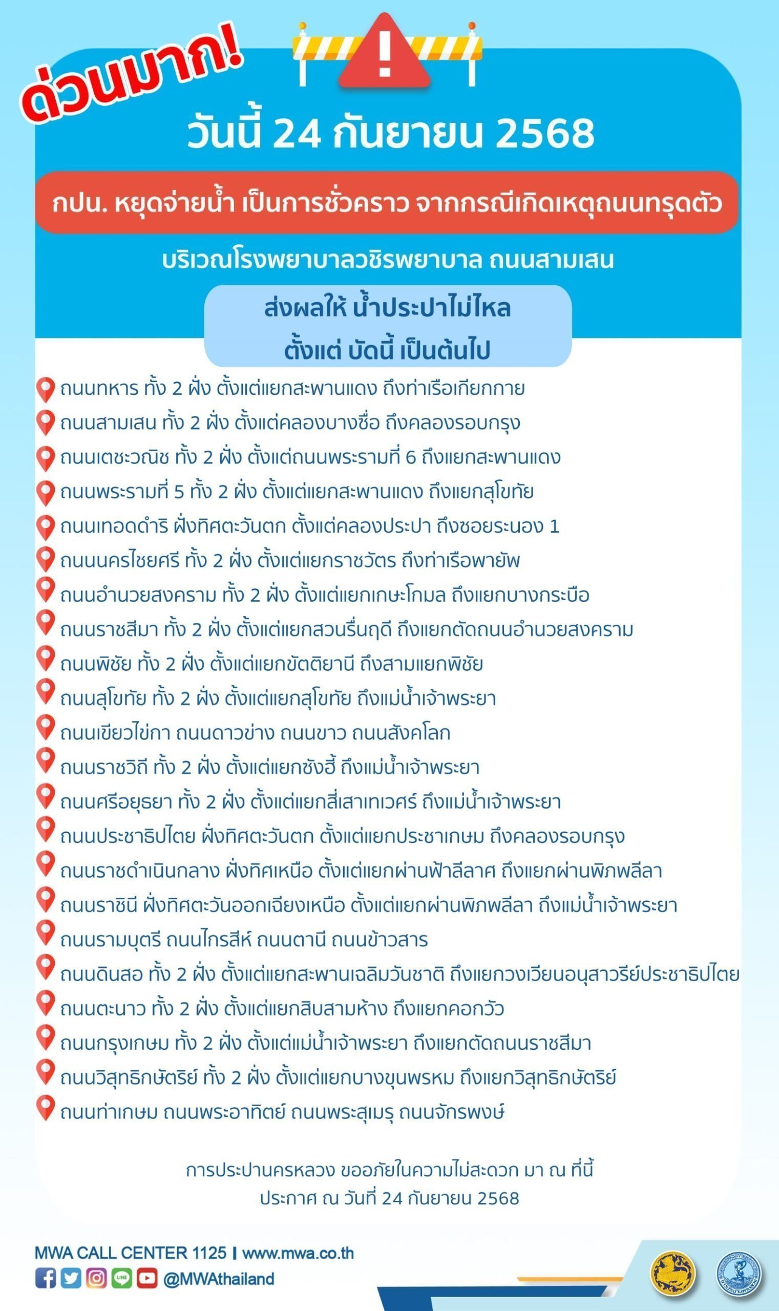 ประกาศ : ด่วนมาก!!! วันนี้ วันพุธที่ 24 ก.ย. 68 (บัดนี้ เป็นต้นไป) ผลกระทบจากเหตุถนนสามเสนทรุดตัว